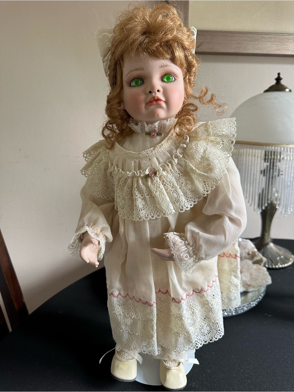 Hamilton Amelia Haunted Vintage Porcelain Doll in Cream Dress with Green Eyes